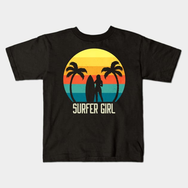 Surfer Girl Surfboard Kids T-Shirt by yesorno